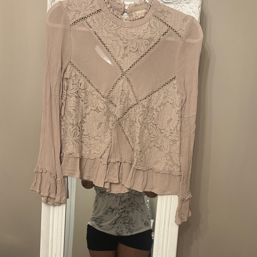 Altar'd State Lace Accent Blouse in Soft Tan